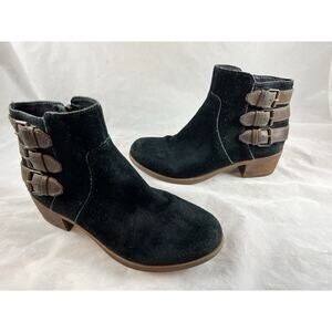Ugg Volta Black Suede Ankle Booties Buckle Accents Stacked Heels US Size 6
